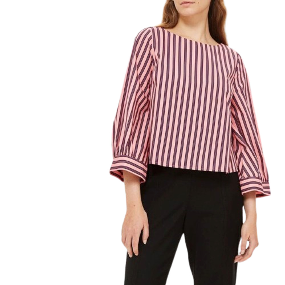 TOPSHOP Women's Wide Sleeve Blouse 6 Striped Pink Cropped Boat Neck Long Sleeve‎